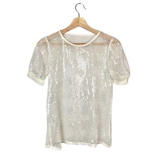 Boutique Sheer Sequin Allover Short Sleeve Top S